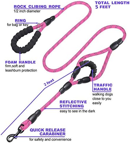 JSXD 5 FT Heavy Duty Double Handle Dog Leash with Comfortable Padded and Reflective Rope, for Small, Medium, Large Dogs (Rope-Pink) - Image 2