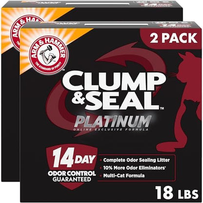 ARM & Hammer Clump & Seal Platinum Cat Litter, Multi-Cat Clumping Litter Forms Rock-Hard Clumps, Powerful Odor Eliminators with Baking Soda, 14-Day Odor Control, 18 lbs (Pack of 2) by ARMHAMMER