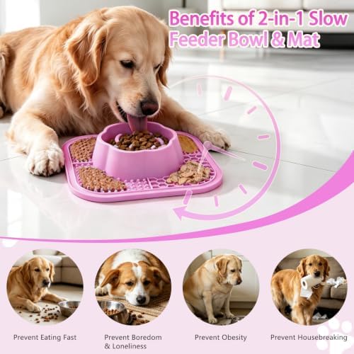 Slow Feeder Dog Bowls and Lick Mat for Dogs, Non-Slip Dog Bowl for Wet and Dry Food with Suction Cups for Slow Feeding & Anxiety Relief for Small to Large Dogs and Cats Pink - Image 2