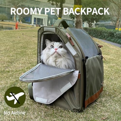Large Cat Carrier Backpack, Shaded Small Dog Backpack with Breathable Mesh, Soft Side Safety Pet Backpack for Hiking, Travel, Outdoor, Green - Image 2