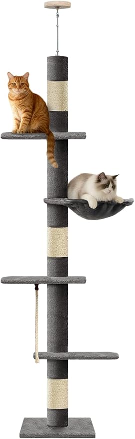Cat Tree 5-Tier Floor to Ceiling Cat Tower with Cozy Hammock, 89-109 Inch Adjustable Height Sisal Scratching Post, Provides Vertical Enrichment for Jumping & Climbing, Darkgrey