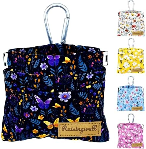 Raisingwell Dog Treat Pouch, Pocket Sized Pet Training Pouch, Cotton Fabric, Hand Free Purple Flower Dog Walking Bag with Carabiner, Self-Closing Pet Feed Snack Reward, for Puppy Travel or Outdoor Use by Raisingwell