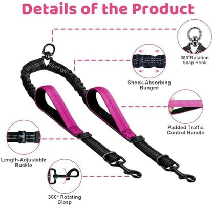 Double Dog Leash - No Tangle Splitter for Two Dogs, Coupler with Adjustable Long Lead Rope, Dual Control Handles, Retractable No Pull Bungee, Walk Train Small Medium Large 2 Pets (Fuchsia) - Image 3