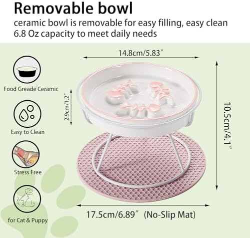 Ceramic Elevated Slow Feeder Cat Bowl, Anti Vomit, Removable Dish Pink - Image 2