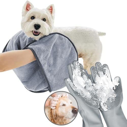 Dog Washing Gloves - Quick Drying Dog Towel,Cat Bath Grooming Gloves Brush with High-Density Teeth for Bathing Massaging，Absorbent Pet Bath Towel 30.3"x13.8" with Hand Pocket for Dog Cat Grey by KUEIOX