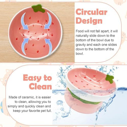 Hamiledyi Ceramic Raised Cat Bowls 15° Tilted Elevated Kitten Food Water Bowl Shallow Whisker Fatigue Kitty Dish Fruit Pet Feeding Bowls Feeder for Indoor Cats Small Dog (Pink Strawberry) - Image 3