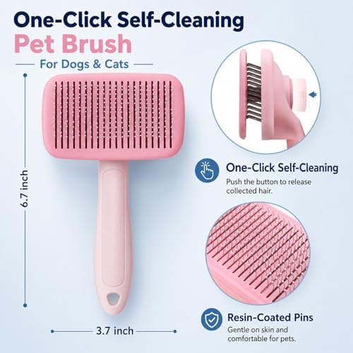 Self-Cleaning Cat Brush for Shedding and Pet Hair Remover Set, Pink - Image 2