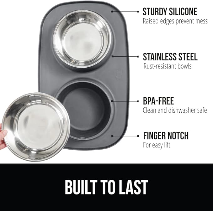 GORILLA GRIP Feeding Mat Bowl Set, 3 Cup 100% Waterproof BPA Free Silicone Base, 304 Stainless Steel Cat and Dog Bowls for Food and Water, Slip Resistant, High Edge, US Designed, Patent Pending, Gray