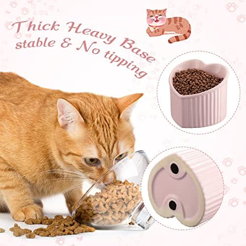 Mumufy 2 Pcs Ceramic Elevated Cat Bowls Tilted Elevated Raised Pet Bowls Anti Vomit Cat Dish for Indoor Stress Free Water Dish Feeder for Puppies, Heart Shaped(Pink, White) - Image 5