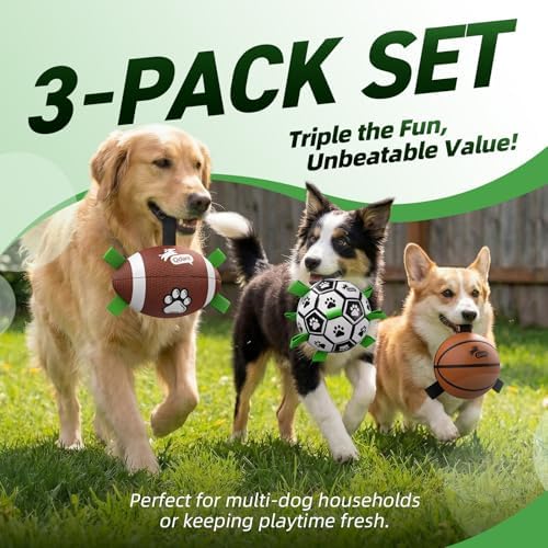 QDAN Dog Soccer Ball Football Basketball Set - 3 PCS Dog Balls with Strap for Tug of War, Soccer Ball Football Toys for Small Medium Large Dogs, Herding Ball for Dogs, Dog Birthday Toy - Image 2