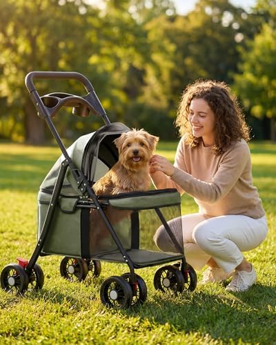 GTPLAYER Foldable Pet Stroller for Small Dogs and Cats, Hold Up to 33 lb, 4-Wheel Stroller with 2 Safety Tethers, Breathable Mesh, Lockable Front Wheels, Cup Holder/Tray & Storage Pocket, Forest Green - Image 3