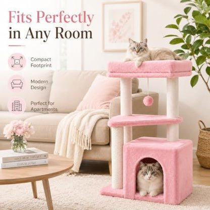 Small Cat Tree Tower for Indoor Cats, 33 Inches Multi-Level Cat Condo with Scratching Posts, Large Perch, Hanging Toy for Large Adult Cats, Pink - Image 7