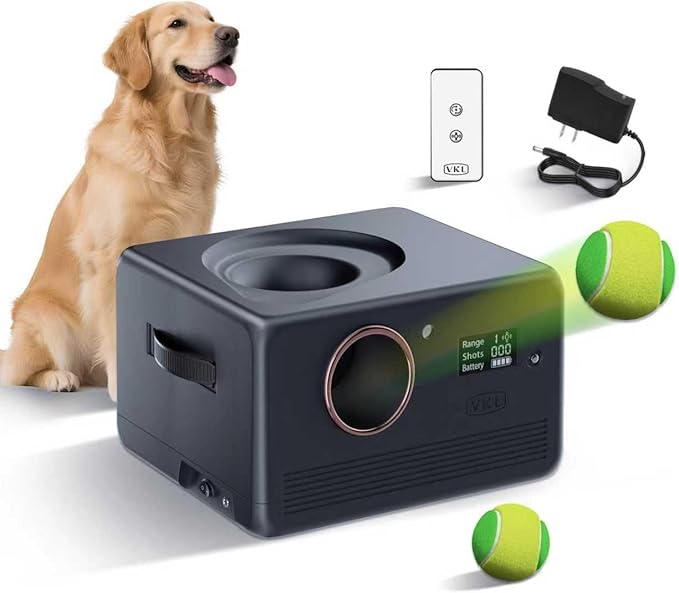 VKL Automatic Dog Ball Launcher Pro & Tennis Ball Thrower with Remote Control, Display Screen,10/20/28ft Distances, Dual Storage, Auto-Stop on Obstacle for Medium/Large Dogs