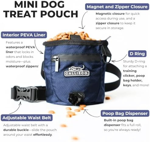 Callieco Mini Dog Treat Pouch with Magnetic & Zipper Closure | Small Waist Belt Training Behavior Aid Bag for Dog Walking with Poop Bag Dispenser (Blue) - Image 3