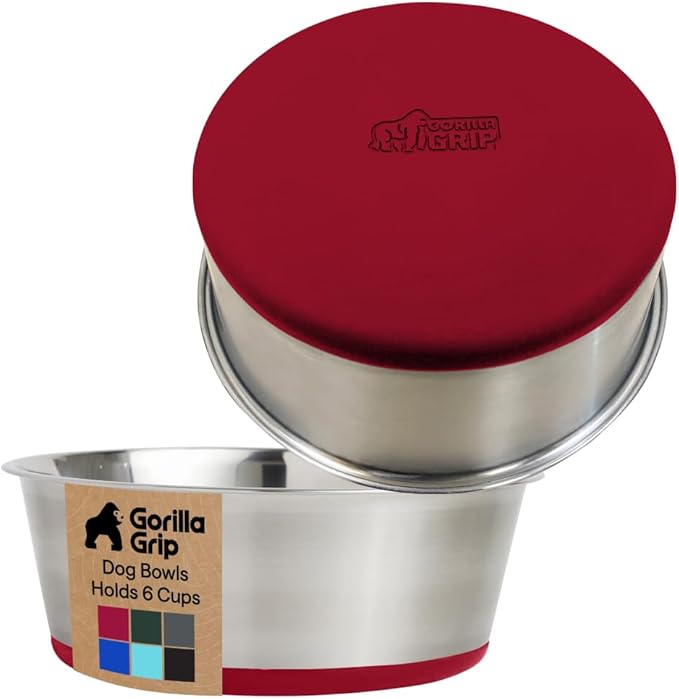 GORILLA GRIP Dog Bowls, Food Grade 304 Stainless Steel, Holds 6 Cups Each (48 fl oz) Food and Water Bowl for Feeding Dogs and Cats, Dishwasher Safe, Rust Resistant, BPA Free Rubber Base Set of 2 Red