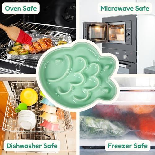 Ceramic Cat Slow Feeder Bowl, Fish Shape 6.3" W Wide Shallow Cat Plate, Whisker Friendly Slow Feed Bowl for Wet Meals, Dry Kibble, Canned Meals & Treats, Dishwasher Safe, Green & Pink - Image 6