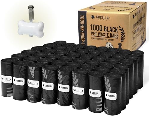 GORILLA SUPPLY Dog Poop Waste Bags with Dispenser and Leash Tie, 9" x 13", Black, 1000 Count by Gorilla+Supply