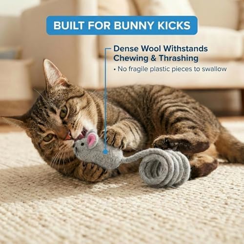 Glaciart One Felt Mouse Cat Toy – Soft Fuzzy Enrichment 100% Natural Wool - Interactive Catnip Play Cat Toy Set - Safe for Pets, Non-AZO Colored Dyes - 42” Long - Image 5