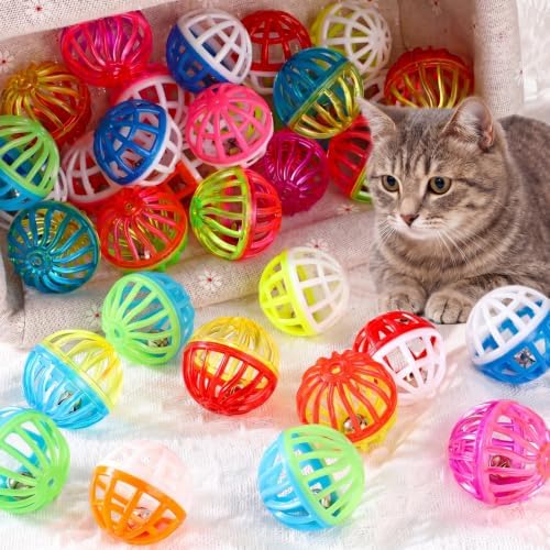 100 Pcs Cat Toy Balls with Bell, Plastic Lattice Cat Jingle Balls Toys by Silkfly