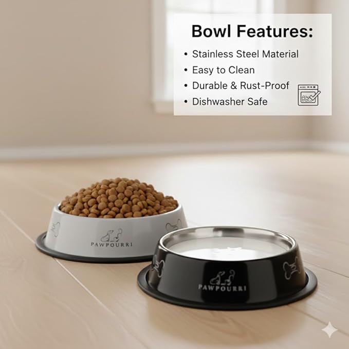 2 Pack Stainless Steel Dog Bowls – 23.6 fl oz Anti-Skid Food & Water Bowls for Small Dogs, Puppies & Cats | Dog Food & Water Bowl | Dog Feeding Bowl (Black & Grey)