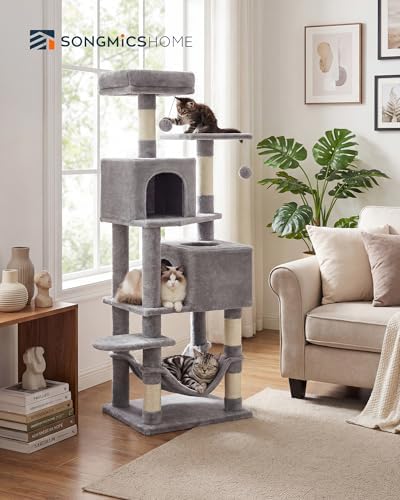 SONGMICS HOME Cat Tree for Indoor Cats, Multi-Level Cat Tower with Sisal Scratching Posts, Hammock and Condo, Light Gray - Image 2
