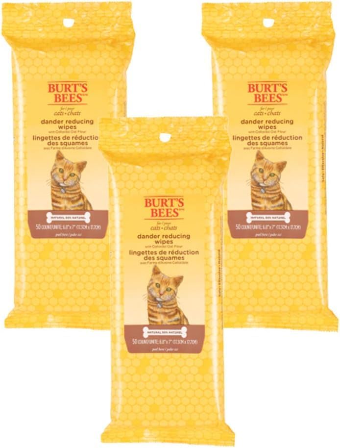 Burts Bees for Pets Cat Dander Remover Wipes, Unscented, 50 Count, 3-Pack by BurtsBeesforPets