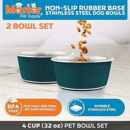 Master Pet Supply Stainless Steel Dog Bowls Set of 2 - Emerald Sea - 32 Oz - Image 2