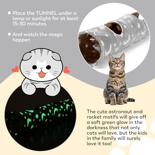 Cat Tunnels for Indoor Cats with Plush Toys Glows in The Dark Dog Cat Tunnel Tube Toys Photoluminescent for Indoor Cats Small Dogs Puppy Kitten Rabbit Bunny Ferret Pet Gray - Image 3
