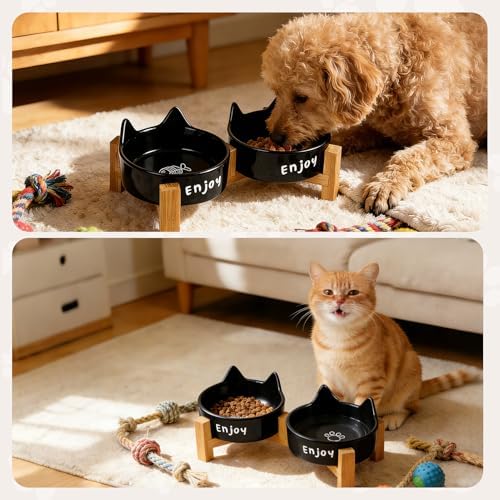 Ceramic Dog and Cat Bowl Set with Wooden Stand Elevated Non-Slip Weighted Anti-Spill Matte Finish for Cats Kittens Small Dogs-Black Cat Ear-6.76 OZ - Image 6