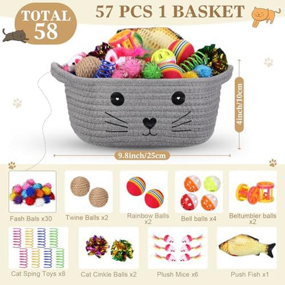 Zopeal 58 Pcs Cat Toy Set with Storage Basket Indoor, Grey, 9.8 Inch - Image 2