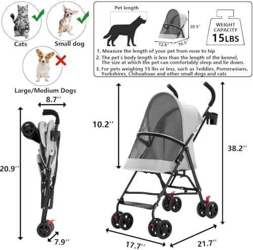 Cat Stroller Foldable Lightweight for Small Dogs Cats 0-15 lbs,Gray - Image 2