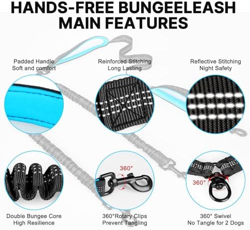Hands Free Double Dog Leash Tangle Free, Lumbar Support Dual Leash for Medium Large 2 Dogs With Bungee, Waist Bag, Padded Handles,Reflective Stitching for Dog Walking, Jogging, Hiking, Training - Image 4