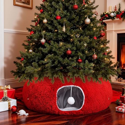 Christmas Tree Cat Tunnel 36 in Donut Bed, Red, Plush, Fluffy by SilTriangle