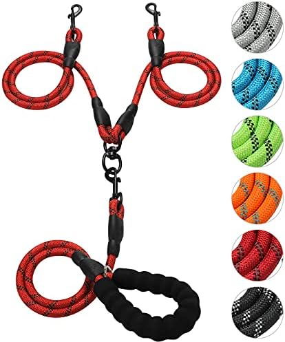 Double Dog Leash Reflective Detachable Coupler &360° Swivel Tangle Free, Heavy Duty Rope Leash Control with Padded Handle for Dual Large Medium Dogs Walking Running Training (Red) by Gokotta