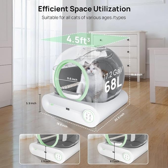 Self Cleaning Litter Box, 2026 Upgraded Automatic Cat Litter Box, Includes 2 roll Liners, 68L+9L Large Capacity Box Robot, Suitable for Medium Cats and Kittens, APP Control - Green