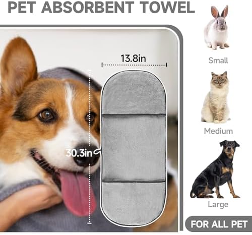 Dog Towels for Drying Dogs Small Medium Large, 2 Pack Dog Cat Drying Bath Towel 30.3"x13.8" with Hand Pocket,Absorbent Pet Towel for Dog Cat Grey - Image 3