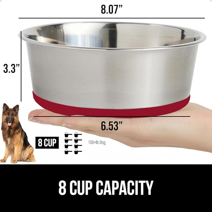 GORILLA GRIP Dog Bowl, Holds 8 Cups (64 fl oz), Food Grade 304 Stainless Steel Food and Water Bowl for Feeding Dogs and Cats, BPA Free Rubber Base, Easy Clean, Dishwasher Safe, Rust Resistant, Red