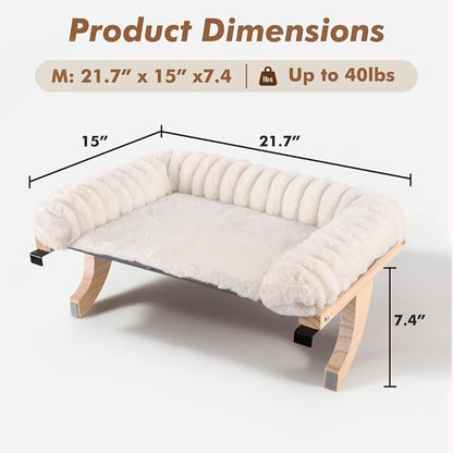 Cloud-Soft Cat Window Sill Perch with Zipper Designed Cushioned Bed, Supportive Cat Window Seat with Premium Solid Wood & Sturdy Metal Frame, Pet Hammock Bed for Large Cats (Medium, White)