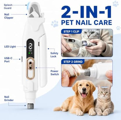 2-in-1 Dog Cat Nail Clippers & Grinder with LED Light, Pet Nail Trimmer with Splash Guard & Safety Lock, 2 Speeds USB Rechargeable Quiet Paw Nail Cutter for Large Medium Small Dogs Cats (White) - Image 2