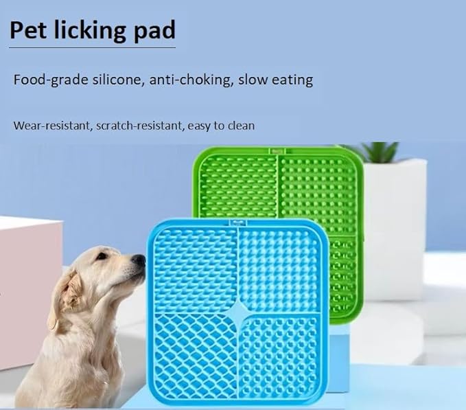 2 Pack Anti-Slip Licking Mat, Pet Food Mat Waterproof Puppy Feeding Mat, Slow Feeder Dog/Cat Bowl, Cat Licking Mat to Relieve Anxiety with Raised Edges (Blue+Green)（6"×6"）