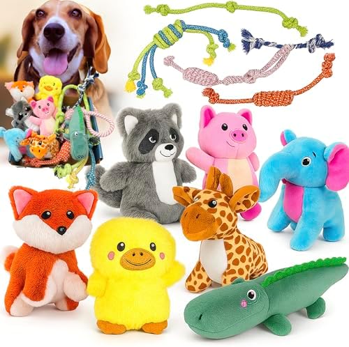 Jalousie Multipack Dog Squeaky Toys Bulk Bundle Pup Toy - Puppy Toys for Pets for Small Medium Breed (12 Pack Rope and Plush Animals) by Jalousie