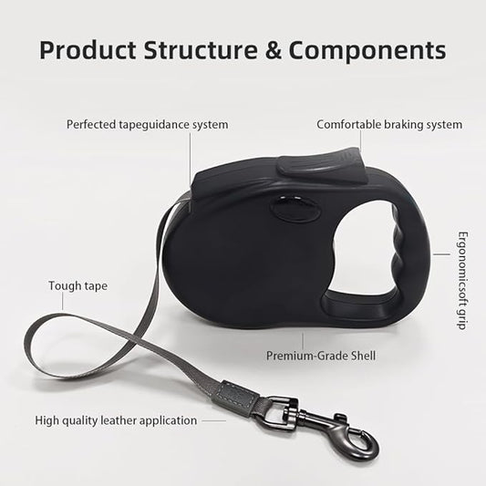 Retractable Dog Leash for Medium & Large Dogs up to 80 lbs, One-Handed Brake, 180kg Strong Nylon Tape, Tangle Free, Anti-Slip Handle (M & L Size) (Black, L-5M)