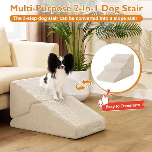 Ahpmeoa Dog Stairs for Small Dogs 16’’ H, 3-Step Dog Steps for Bed, Beige - Image 2