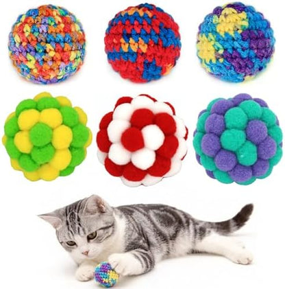 Cat Ball with Bell 3 Jingle Bell Ball & 3 Soft Pom Pom Balls Interactive Kitten Toys for Hunting Kicking, Handmade Small 1.8” & Large 2.1” for Cats Kittens 6 Pack by OODOSI