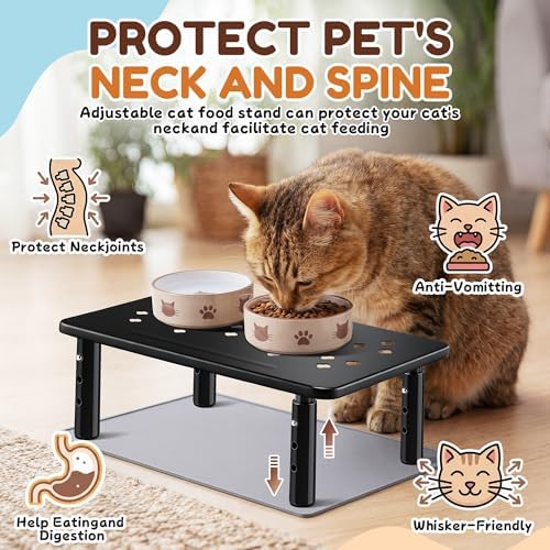 Dreyoo 2 Set Adjustable Cat Food Stand, Black,Gray Mat - Image 6