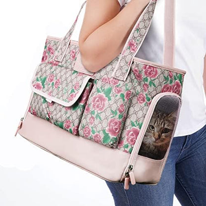 Dog Carrier, Cat Carrier, Pet Carrier, Foldable Waterproof Premium PU Leather Oxford Cloth Dog Purse, Portable Tote Bag Carrier for Small to Medium Cats and Small Dogs (Flower Pattern) by WelcomeToJohomviin