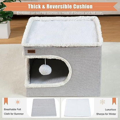 Garnpet Cat Bed for Indoor Cats Cube House, Covered Cat Cave Beds & Furniture with Scratch Pad and Hideaway Tent, Cute Modern Cat Condo for Multi Small Pet Large Kitten Kitty, Grey - Image 3