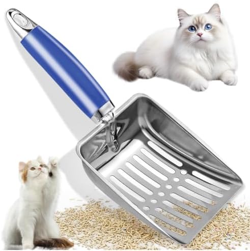 Cat Litter Scoop - Metal Cat Litter Scoop - Stainless Steel Scoop for Cats - Sturdy Metal Mesh - Rubber Handle - Easy to Clean, Suitable for Cat Litter Boxes (Blue) by Apidgrowth