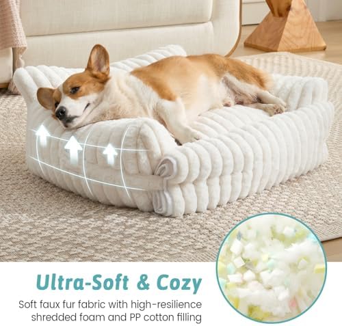 COZY KISS Cute Cat Bed with Removable Cover, Multifunctional Plush Faux Fur Pet Couch Bed with Blanket, Ultra-Soft Pet Furniture for Cats & Small Dogs (Cream, M: 32''x24'') - Image 4