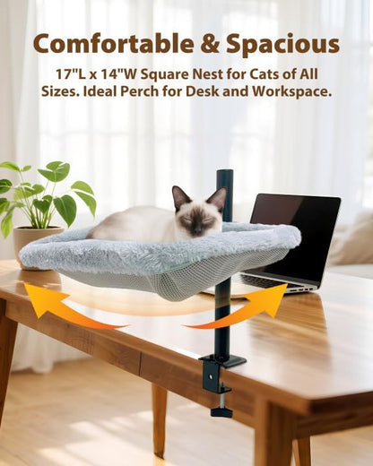L&W BROS. Cat Desk Bed – Clamp-On Desk Cat Hammock with 360° Rotating Arm, Adjustable Height Cat Perch for Desk, Heavy Duty Metal Frame, Dual-Sided Washable Cover, Holds Up to 35LB